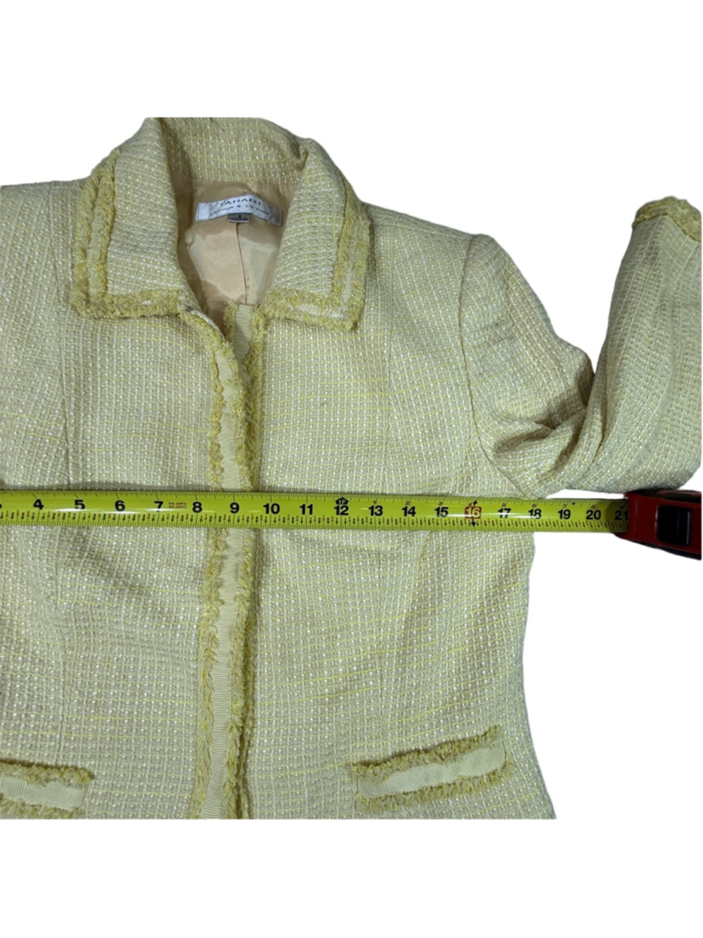 Tahari Arthur S Levine Yellow Tweed Skirt Suit Size 8 Fringe Trim 2 Piece - Picture 12 of 15